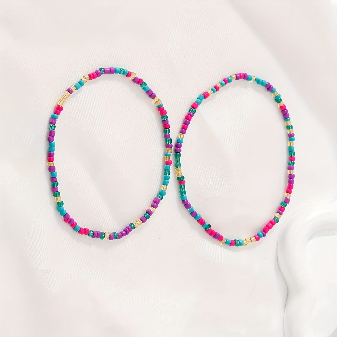 Set of 2 Women's Stretch Rope Anklets with Rice Beads, Minimalist